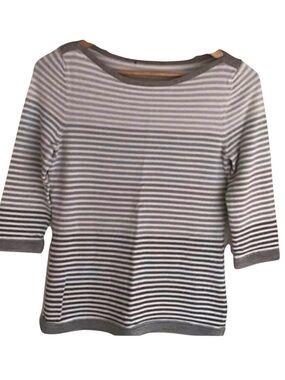 Petite Striped Knit Sweater Boat Neck Gray Ivory Shimmer 3/4 Sleeve Quiet Luxury